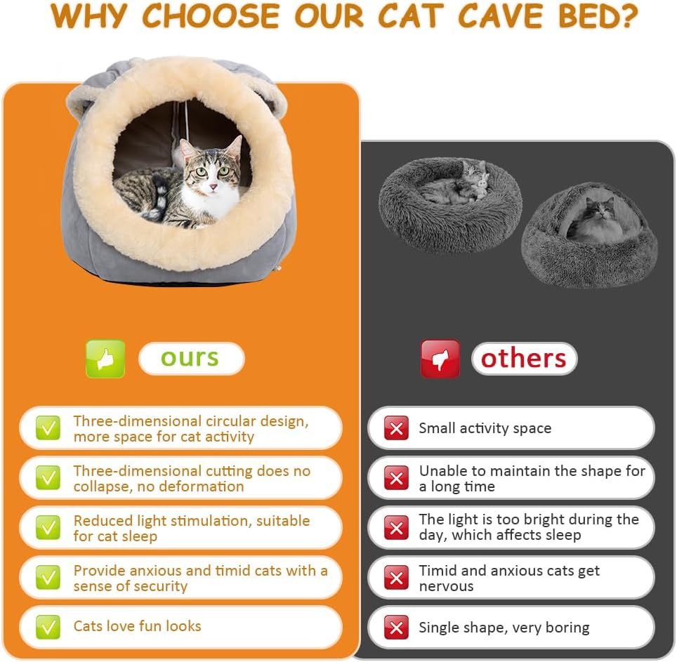 Cat Beds for Indoor Cats - Rabbit-Shaped Cat Cave Bed with Hanging Toy,Super Soft Calming Pet Bed for Kitten&Puppy,Small Dog,Warm Plush&Machine Washable&Removable Cotton Pad,Cat Hideaway(Grey L)