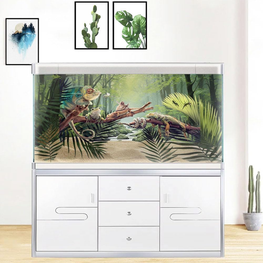 36X24IN Tropical Forest Terrarium Background, Natural Green Forest Tree Reptile Habitat Background, Misty Rainforest Aquarium Background, with 8 EVA Double-Sided Tape