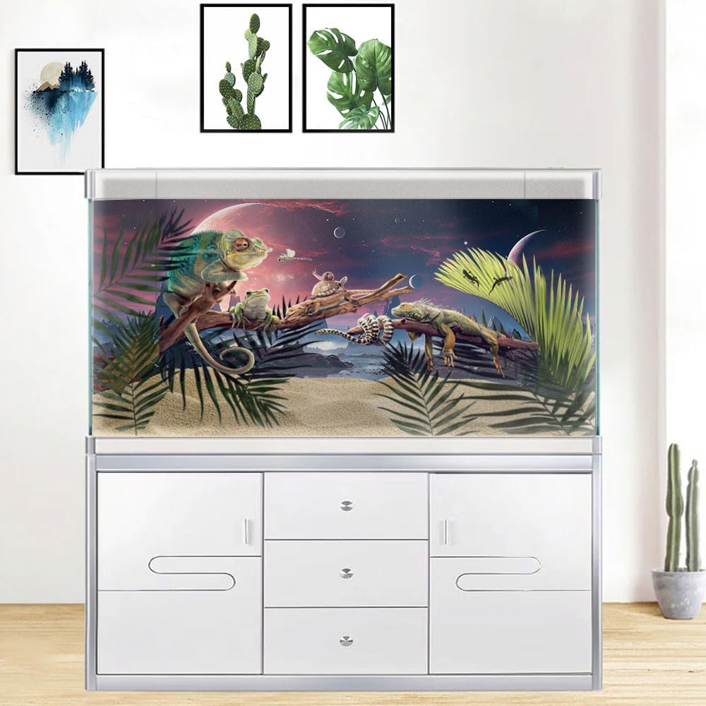 36X20IN Cosmic Spaceterrarium Background, Cool Parallel Space Themed Aquarium Reptile Habitat Background, Red Moon Aquarium Background with 10EVA Double-Sided Tape
