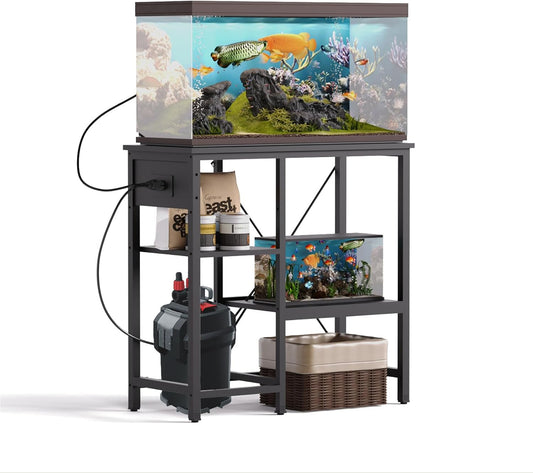 20-29 Gallon Fish Tank Stand with Power Outlet & LED Light, Metal Aquarium Stand with 3 Tier Adjustable Storage Shelves, Tank Stand for Reptile Tank, Turtle Tank, 30.7" L*13.8" W, Black