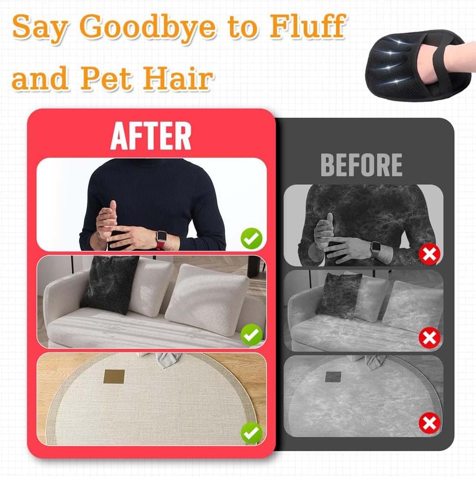 2PCS Pet Hair Remover, Electrostatic Pet Hair Removal Gloves, Reusable Cat & Dog Hair Remover for Couch, Furniture, Carpet, Curtain, Upgraded Animal Fur Removal Tool, Cat Grooming Gloves