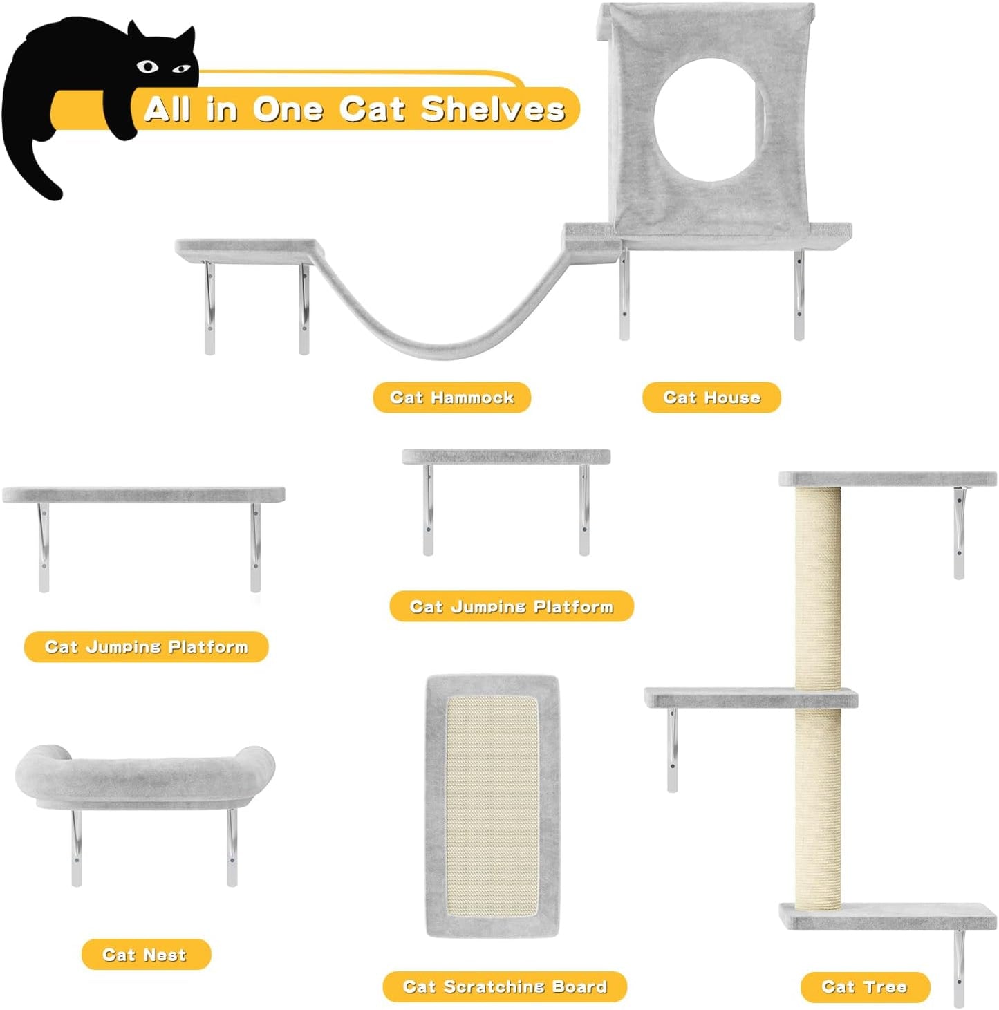 NUNU LAB Wall Mounted Cat Furniture, 6 Pcs Cat Wall Shelves with Condo House, Bridge, Steps, Scratcher, Hammock, Indoor Safe & Stable Furniture for Kittens Play, Gray