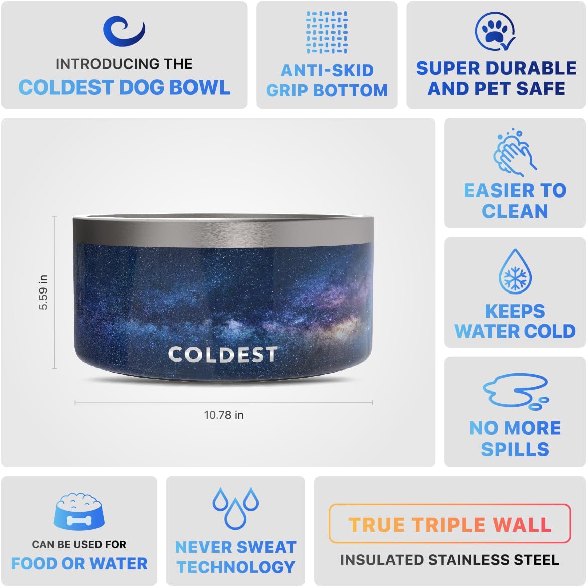 Coldest Dog Bowl - Anti Rust Metal, Non Slip, 3 Layers Insulated Stainless Steel Dog Bowls - Spill Proof & Heavy Duty - Water Bowl for Dogs, Cats & Pets, Dish Washer Safe (200 oz, Into The Beyond)