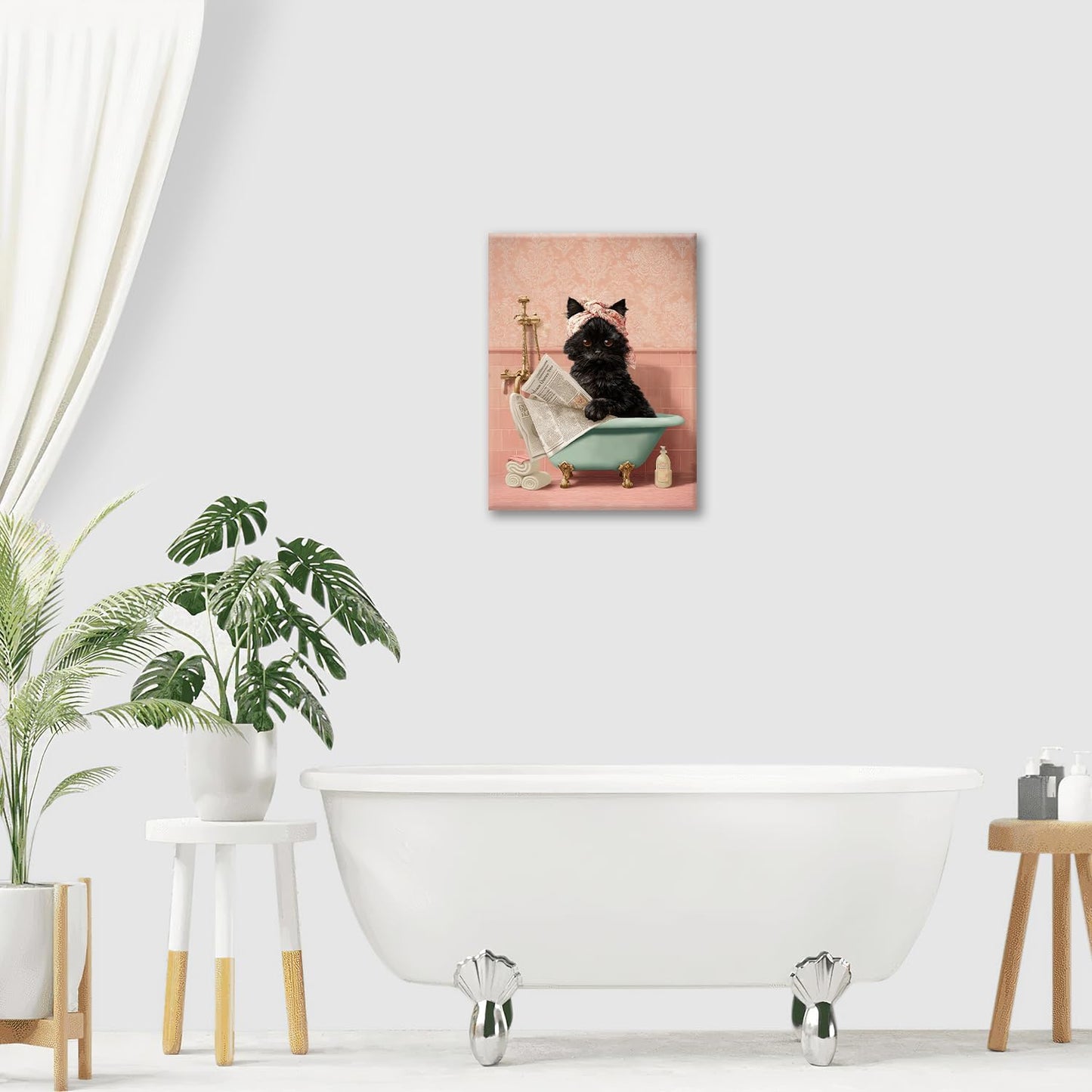 Cat Bathroom Wall Decor Black Cat Reading Newspaper in Bathtub Canvas Wall Art Funny Bathroom Pictures Kitten Painting Print Pink Artwork Framed Decorations Gifts 12"x16"