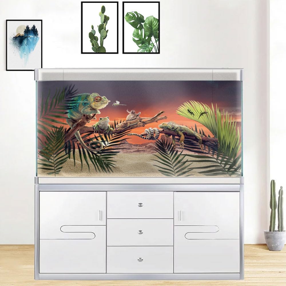 24X16IN Sun and Desert Moon Themed Reptile Habitat on Orange Durable Decorative Background, Terrarium Background with 10EVA Double-Sided Tape
