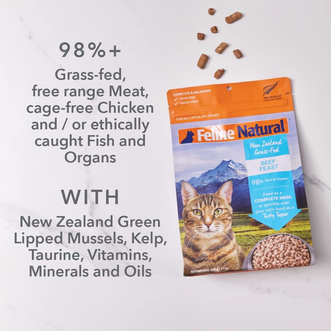 Feline Natural High Protein Dry Cat Food, Freeze-Dried Diet with 98% Meat, Organs & Seafood, No Peas, Grains, or Artificial Additives, Made in New Zealand, Chicken & Lamb, 11oz