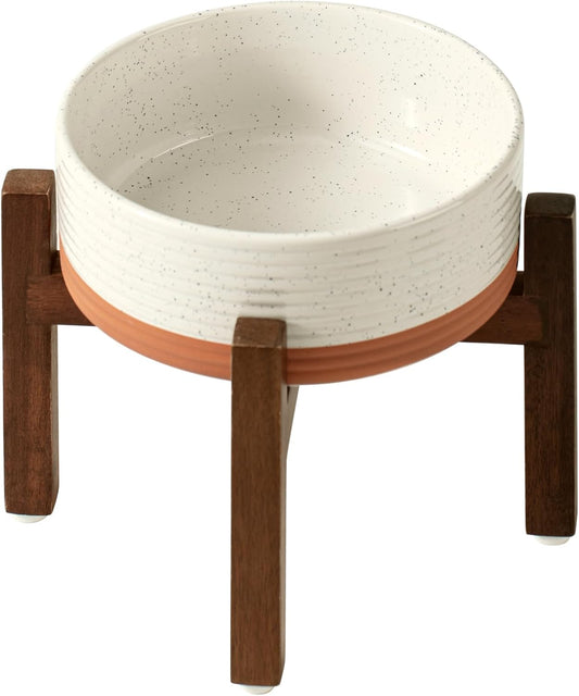 Ceramic 7.3inch Raised Dog Bowl Set, Elevated with Acacia Wood Stand, Food and Water Bowl for Medium Breed Dogs, Weighted Pet Dishes(41oz, Vanilla White)