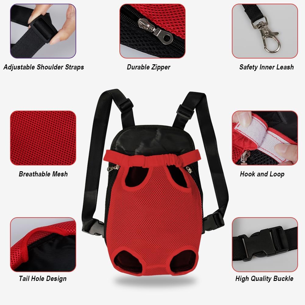FEimaX Dog Carrier Backpack Pet Legs Out Front Cat Travel Bag, Adjustable Puppy Backpacks Carriers Hands-Free for Small Medium Dogs Cats Hiking Traveling Camping Daily Walking (Medium, Red)