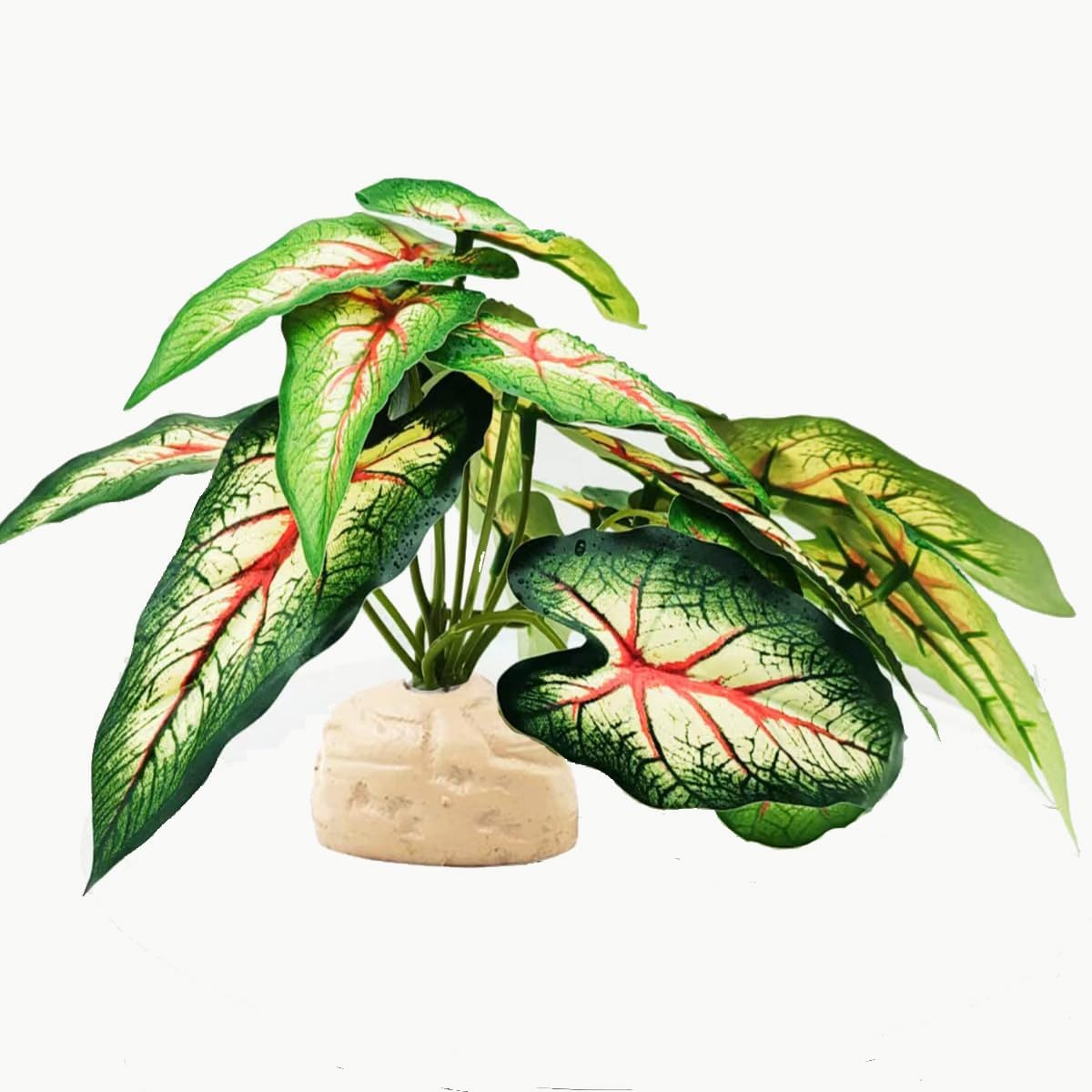 Reptile Plants for Terrarium Decor,Amphibian Habitat Decor, Bearded Dragon Tank Accessories,Artificial Plants for Gecko Chameleon Snake Tortoise with Base (Alocasia odora)