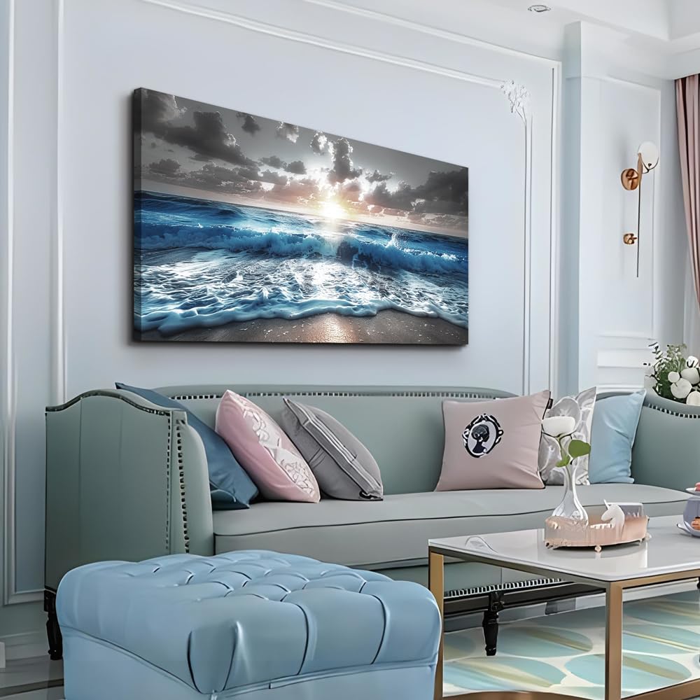 hyidecorart Canvas Wall Decor For Office Large Wall Art For Living Room Blue Beach Painting Sea Waves Sunshine Wall Pictures Bedroom Home Decorations Prints Posters Mural Artwork Ready To Hang