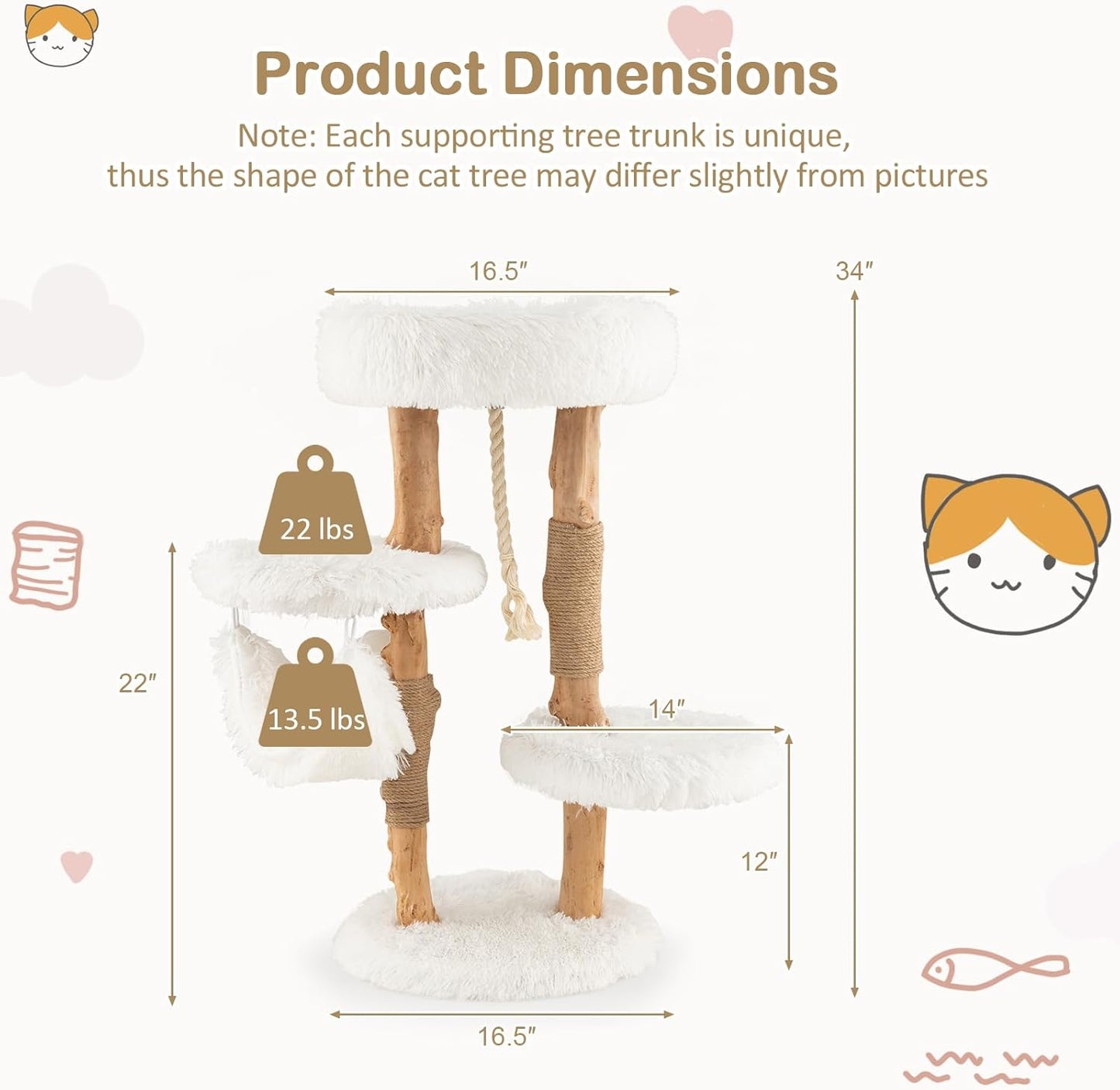 Tangkula Cat Tree Tower, Solid Wood Modern Cat Tower with Cozy Top Perch, 2 Platforms & 1 Hammock, Natural Branch Cute Cat Tree with Scratching Posts & Sisal Rope for Indoor Cats