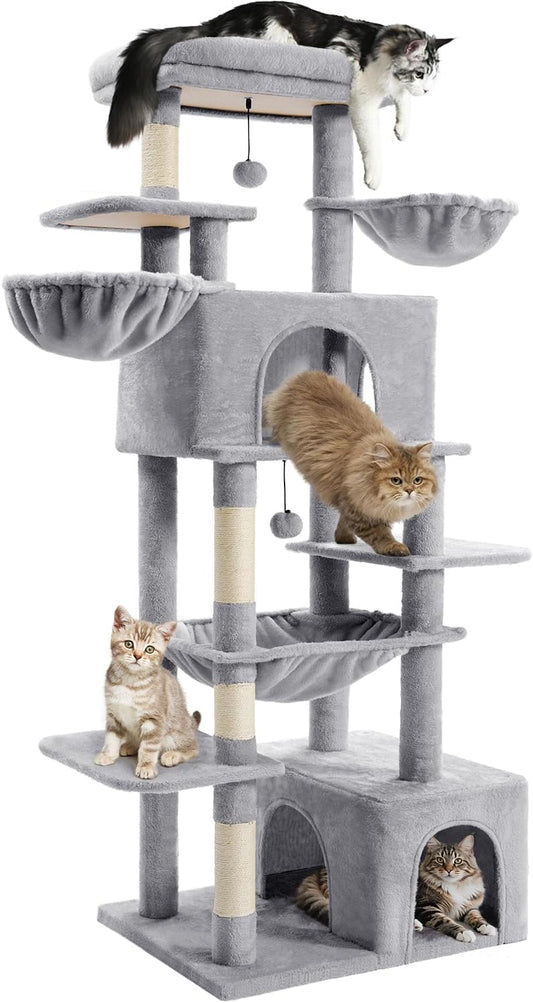 Cat Tree Large Cat Tower Tree 68" Multi-Level Cat Tower for Indoor Cats with Sisal Scratching Posts, Widen Cat Perche, Square Hammock, 2 Widen Condos, Scratching Posts, Light Grey