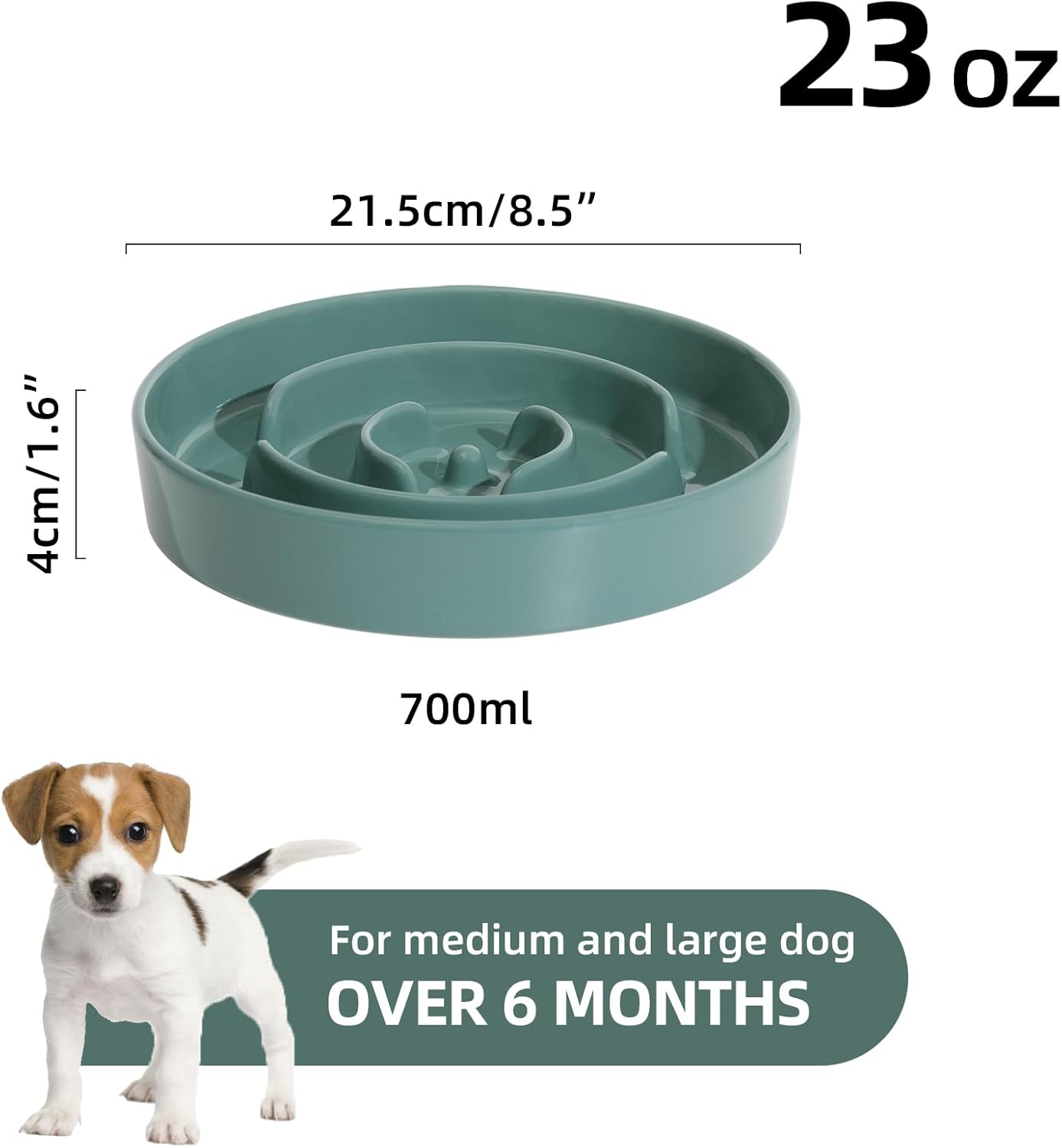 8.2inch Ceramic Slow Feeder Dog Bowl for Medium and Large Breed, Puzzle Dog Food Dish, Anti-Gulping, Pet Slow Feeder, Stop Bloat, Preventing Choking (Single Bowl-Dark Green)