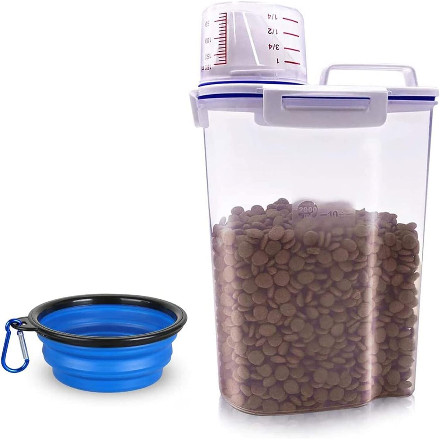 Dog Food Storage Container Small, Cat Food Storage Container Airtight Plastic Dispenser with Graduated Measuring Cup, Pourable Spout and Portable Collapsible Dog Bowl for Pet Food, Birds Seed