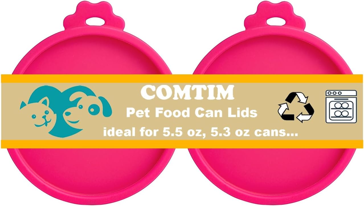 COMTIM Cat Food Can Covers Lids for 5.5 oz Cans, 2 Pack Silicone Cat Food Can Lids for 5.5 oz 5.3 oz Cans...Pet Food Can Covers Reusable Can Toppers Savers for Wet Food (Hot Pink)