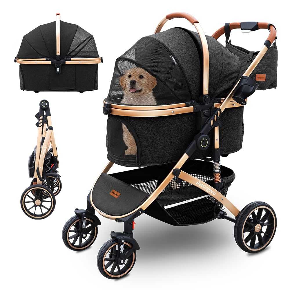 Pettingzoo Dog stroller with 4 Wheels, Folding Cat Stroller for Small/Medium/Large dogs & cats to 60 lbs, pet stroller with removable carrier, Storage Basket,Cup Holder,3 in1 Multifunctiona Detachable