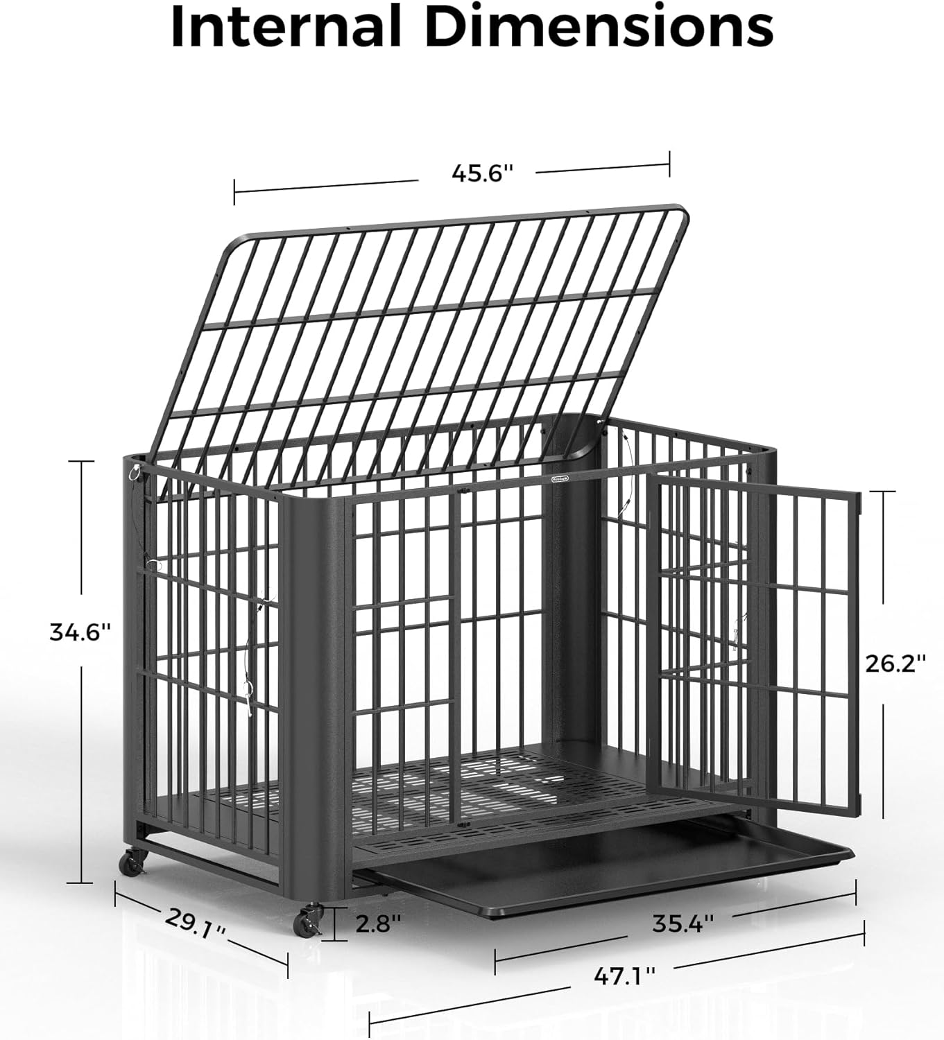 48 Inch Indestructible Heavy DutyDog Crate for Large Dogs with Removable Tray,High Anxiety Double Door,Arc Corner Design for Safe Use