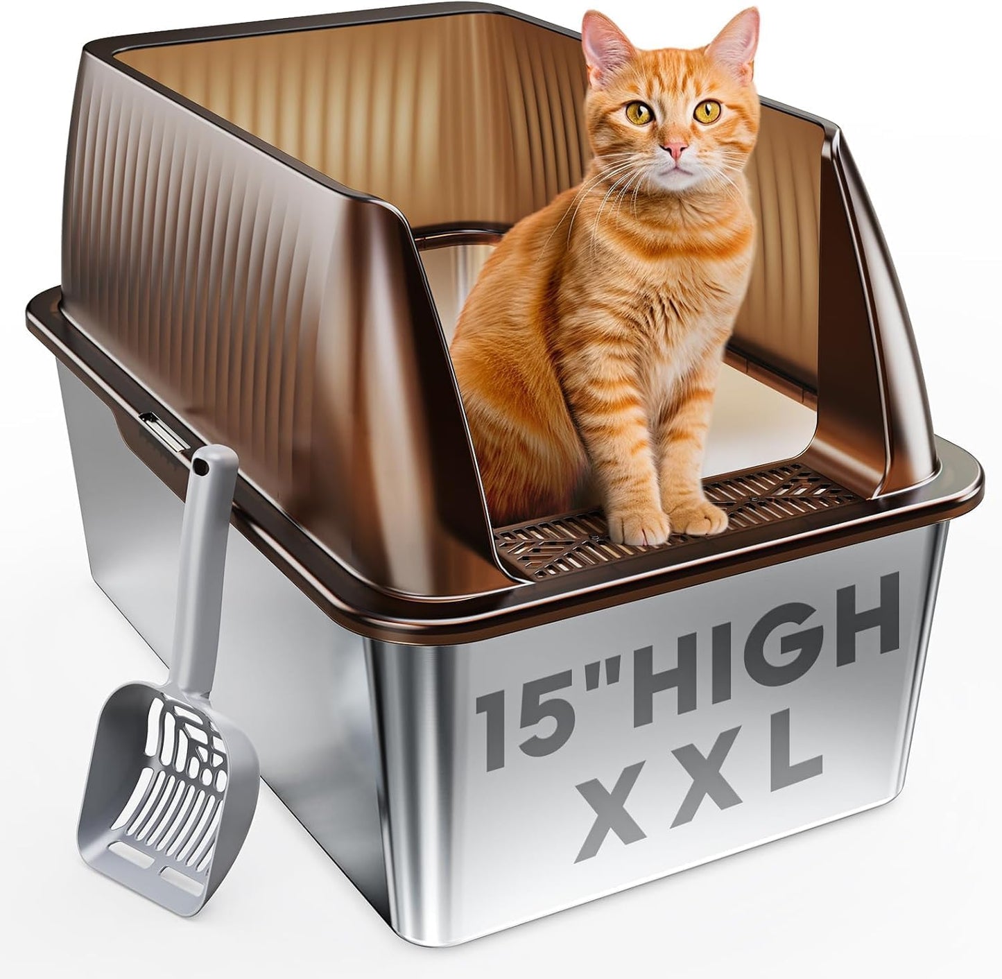 Tripamin 15” XL Stainless Steel Cat Litter Box Enclosure, XXL Stainless Steel High Sides with Lid, Extra Large Metal Cat Litter Box (Translucent Brown, XX-Large)