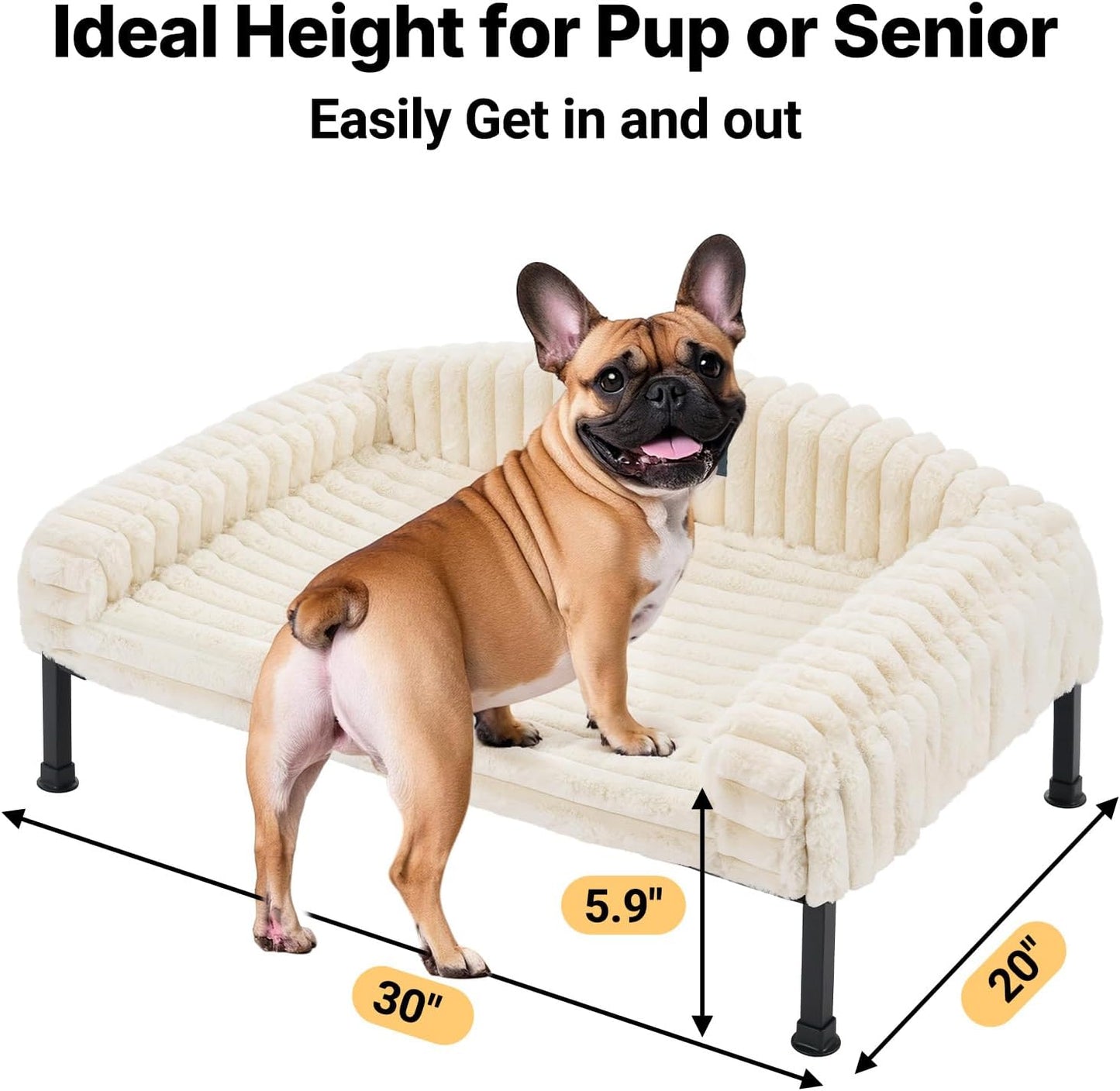 Veehoo Elevated Dog Bed with Bolster Cushion, Fluffy Plush Dog Couch Beds for Small Dogs, Cats, Washable Raised Pet Cot with Non-Slip Feet for Indoor or Patios Use, 30 x 20 Inches, White