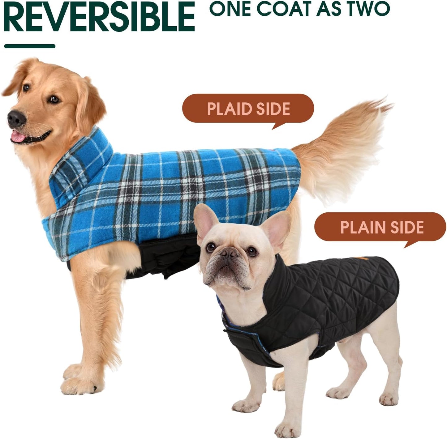 Kuoser Waterproof Dog Coat, Reversible Dog Jacket for Medium Dogs, Adjustable Durable Doggie Winter Coat Warm Puppy Cold Weather Apparel from Small to Large Breed, Blue M