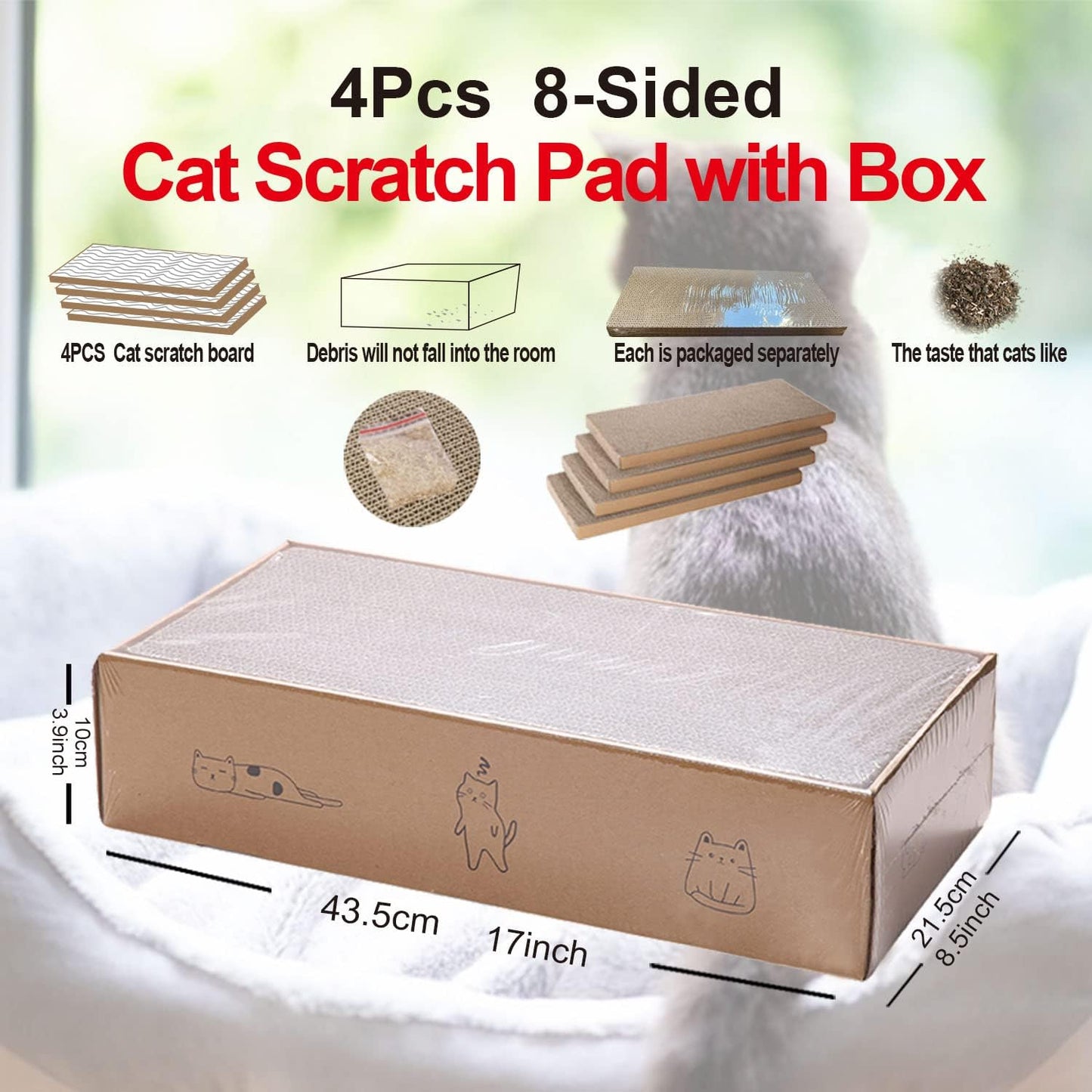 4 Packs in 1 Cat Scratch Pad with Box, Cat Scratcher Cardboard,Reversible,Durable Recyclable Cardboard, Suitable for Cats to Rest, Grind Claws and Play with Scratch Box