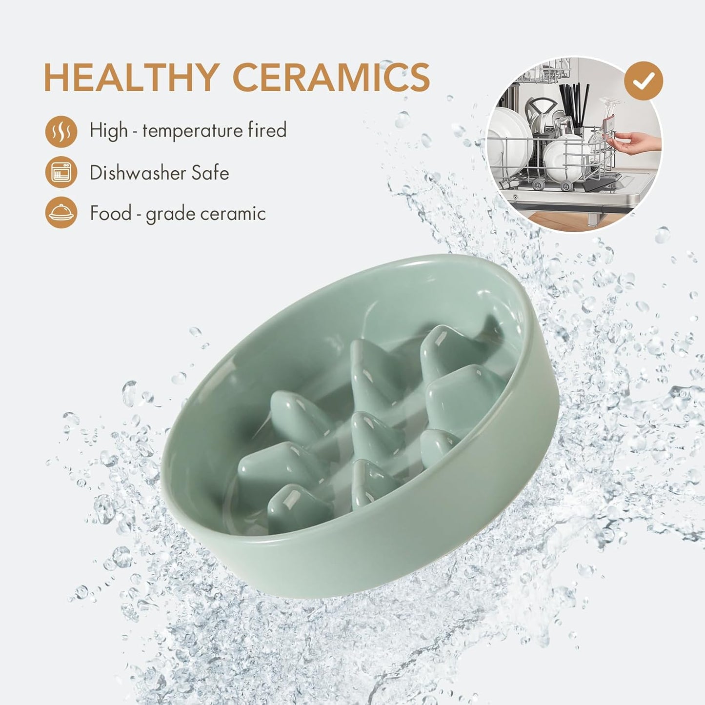 Ceramic Raised Slow Feeder Dog Bowl Set, Elevated 6.1inch Bowl and 7.3inch Slow Pet Food Dish with Wooden Stand for Small and Medium Dog (2 x Light Green+ Stand)