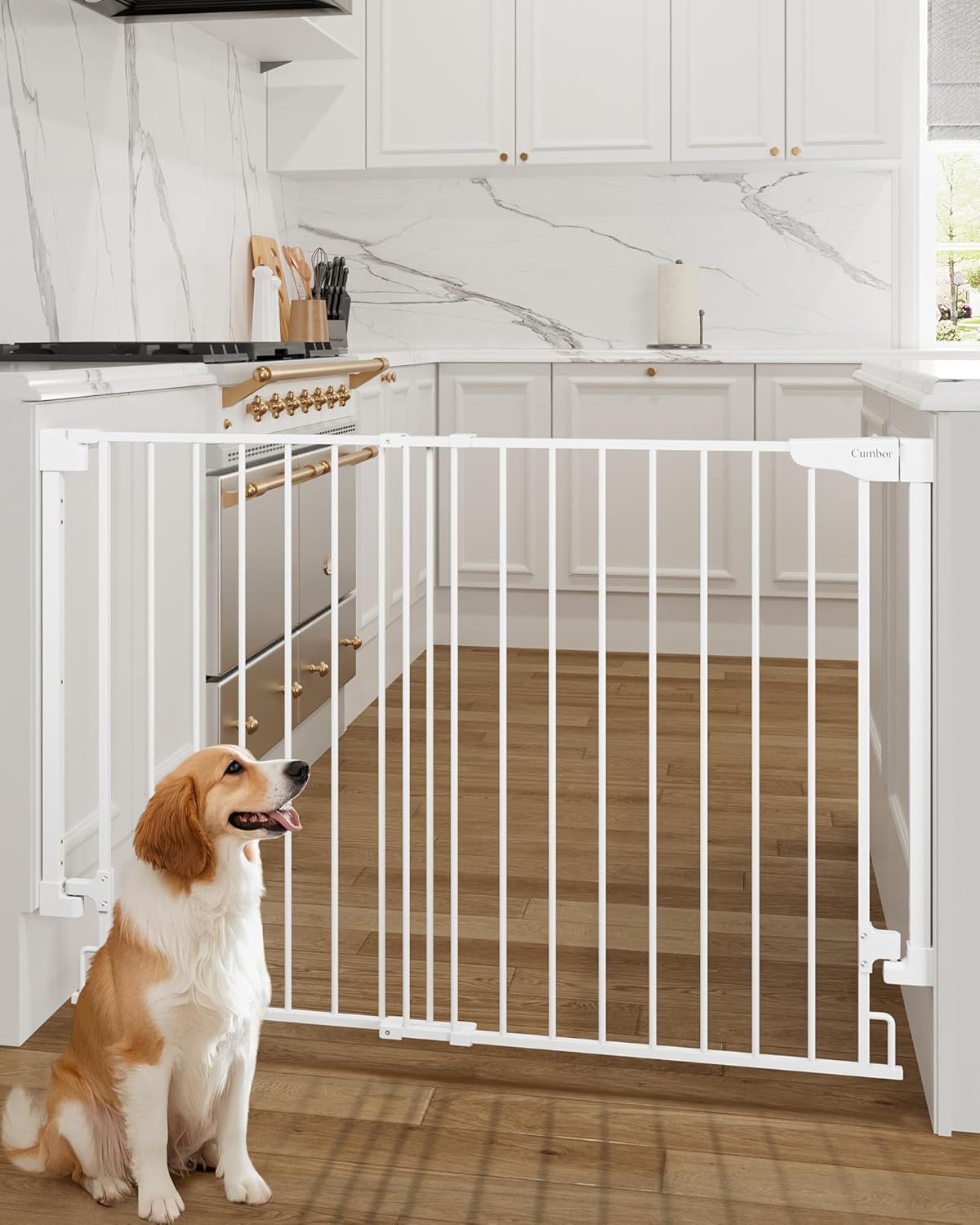 Cumbor 34" Extra Tall No Bottom Bar Baby Gate for Stairs, Auto Close Dog Gate Indoor for Larger Pets, 31.6-48" Hardware Mounted Safety Gate for Doorways, Wide Walk Thru Door for Easy Access (White)