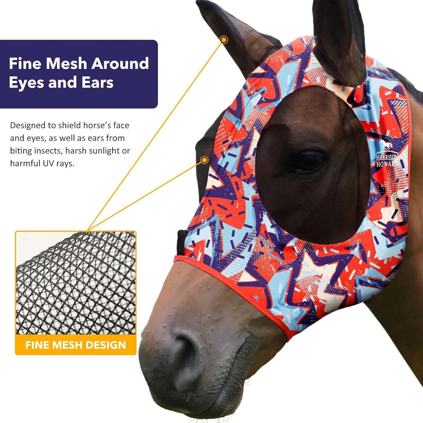 Harrison Howard Super Comfort Stretchy Fitting Horse Fly Mask with UV Protection Soft on Skin with Breathability Orange Geo Print Full Size