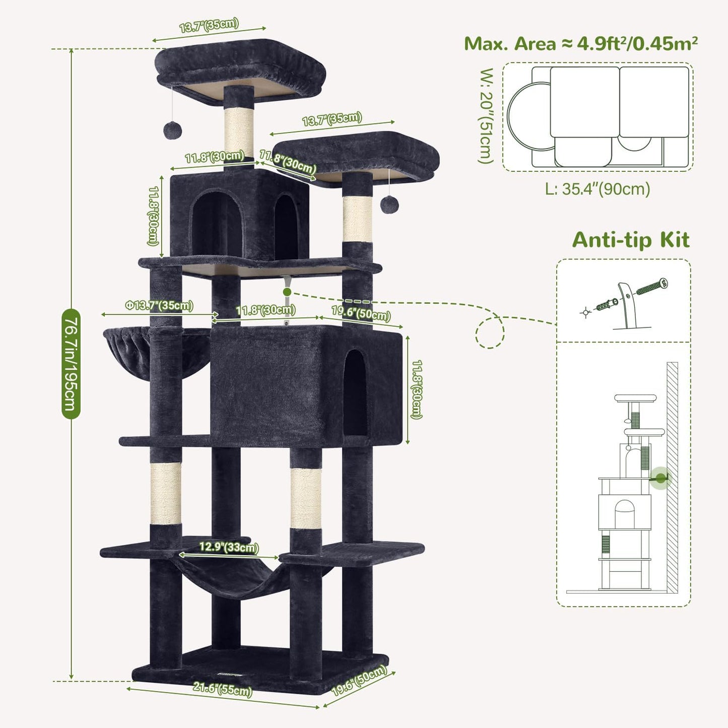 Globlazer Cat Tree Tower, 76-Inch Extra Tall Multi-Level Cat Furniture with Cozy Condos, Hammock and Perches for Adult Cats, Perfect for Climbing, Scratching, and Play, F76, Dark Grey