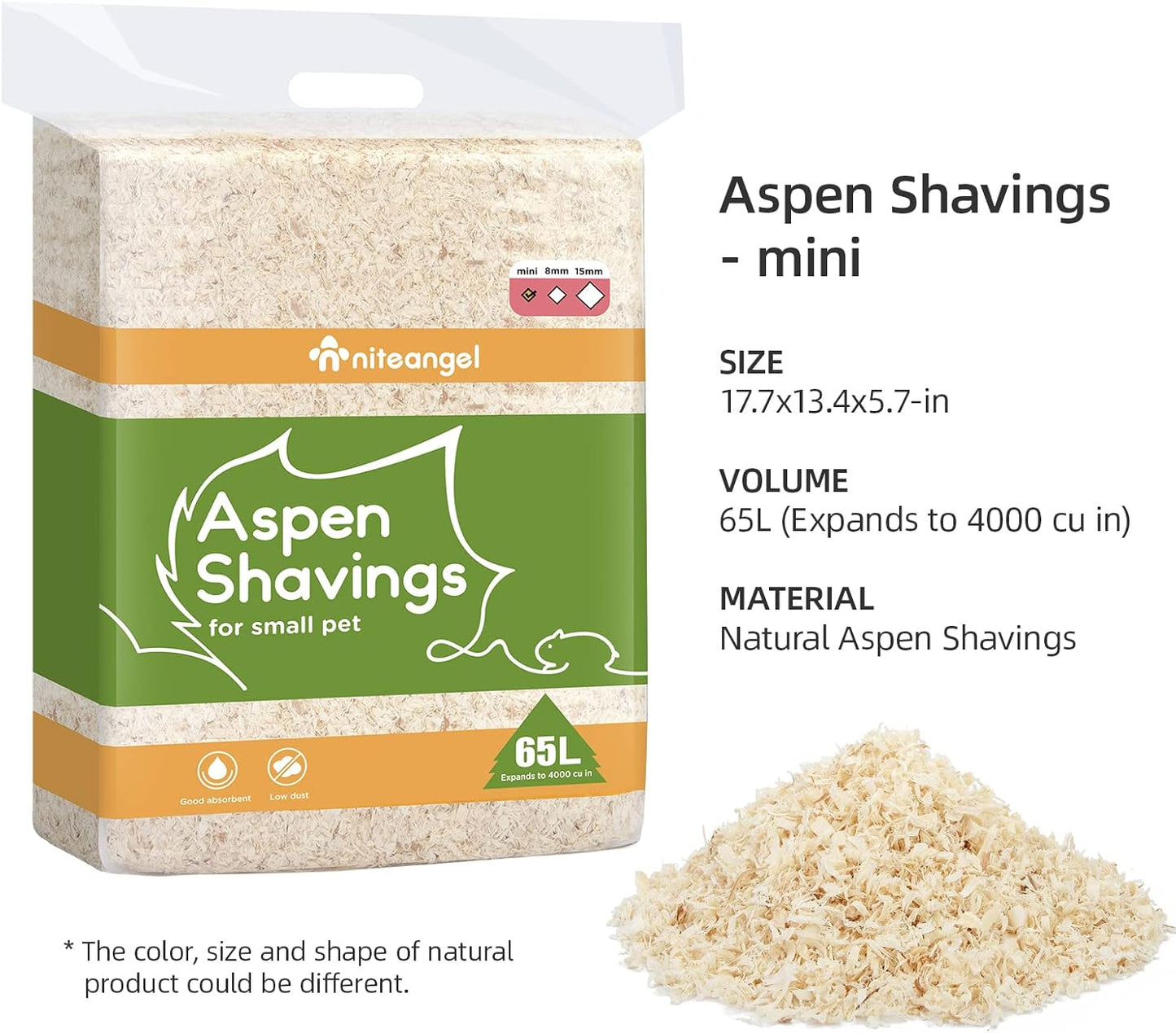 Niteangel Aspen Shaving Hamster Beddings for Syrian Dwarf Hamster Gerbil Mice Degu Rat Rabbit Bunny Guinea Pig Chinchilla Hedgehog or Other Small Pets (65L - Mini)