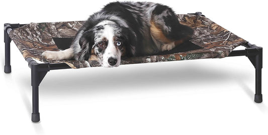 K&H Pet Products Outdoor Elevated Dog Cot, Breathable Cooling Elevated Cot Hammock Pet Bed for Medium Dogs, Washable Mesh Cover, Raised Metal Frame, Collapsible, Portable - Medium 32 X 25in Camo