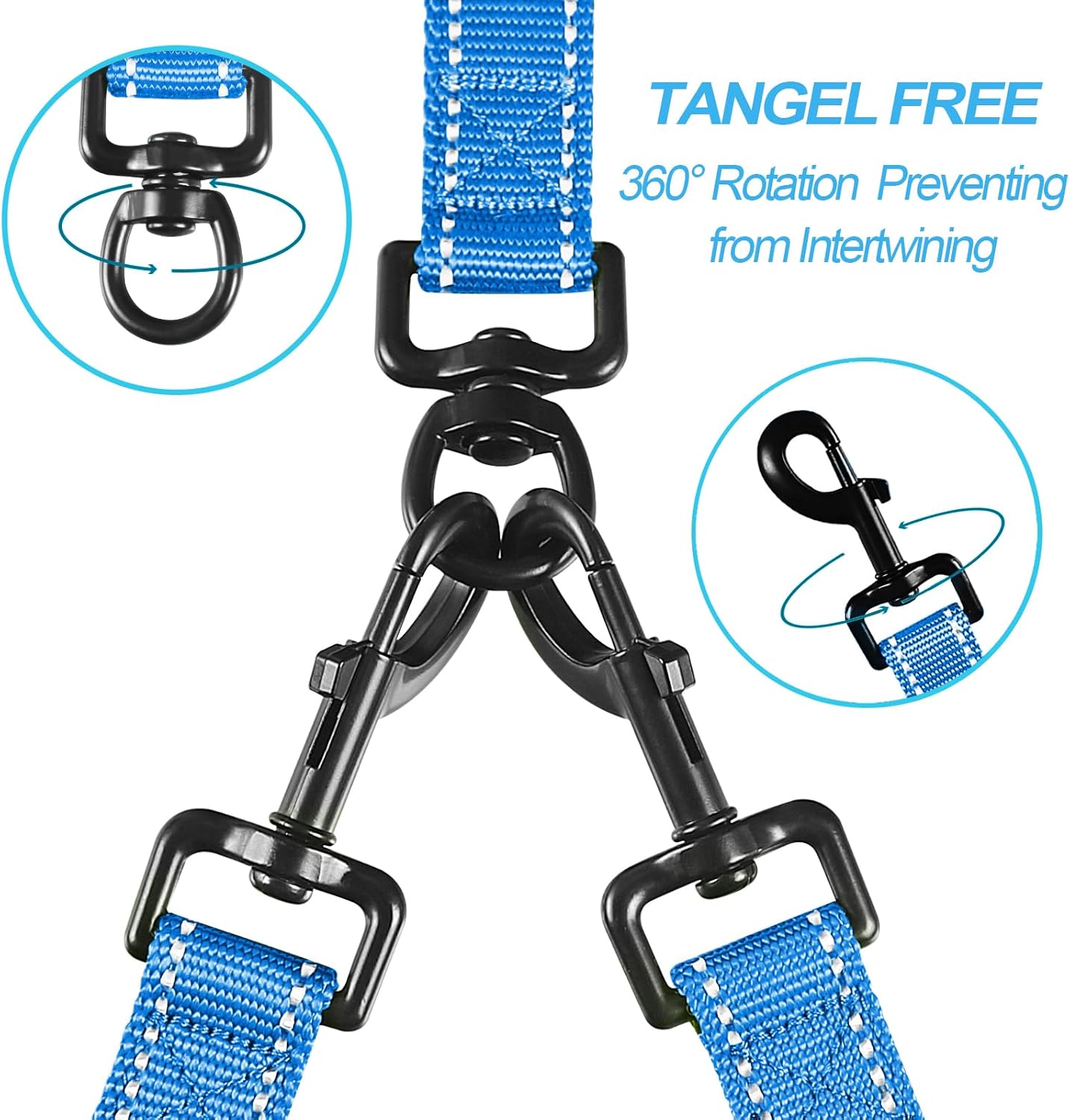 PetBonus Double Dog Leash, No Tangle Dual Leash, Reflective Walking Training Lead, 4 Comfortable Padded Handles for 2 Dogs with Collapsible Bowl and Waste Bags (Light Blue, Large)