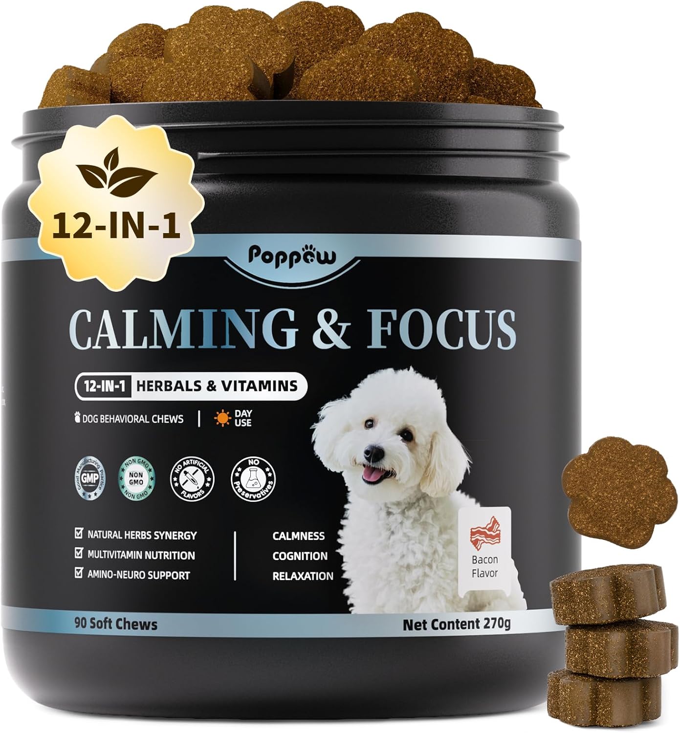Calming Chews for Dogs – 12-in-1 Dog Calming Treats with Herbal & Vitamins, Relaxation, Focus & Behavior Support for Anxiety, Separation, Barking, Travel, Stress, Upgraded Bacon Flavor, 90 Ct