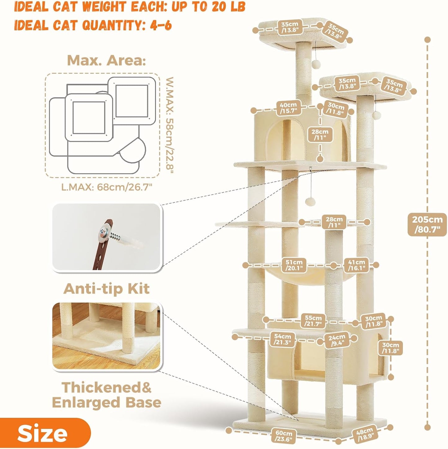 PAWZ Road Heavy Duty Cat Tree for Large Cats, 81 Inches Tall Cat Tower with 2 Perches, 2 Condos and Spacious Hammock, XL Extra Large Condo with 7 Scratching Posts for 20lb+ Adult Cats,Beige