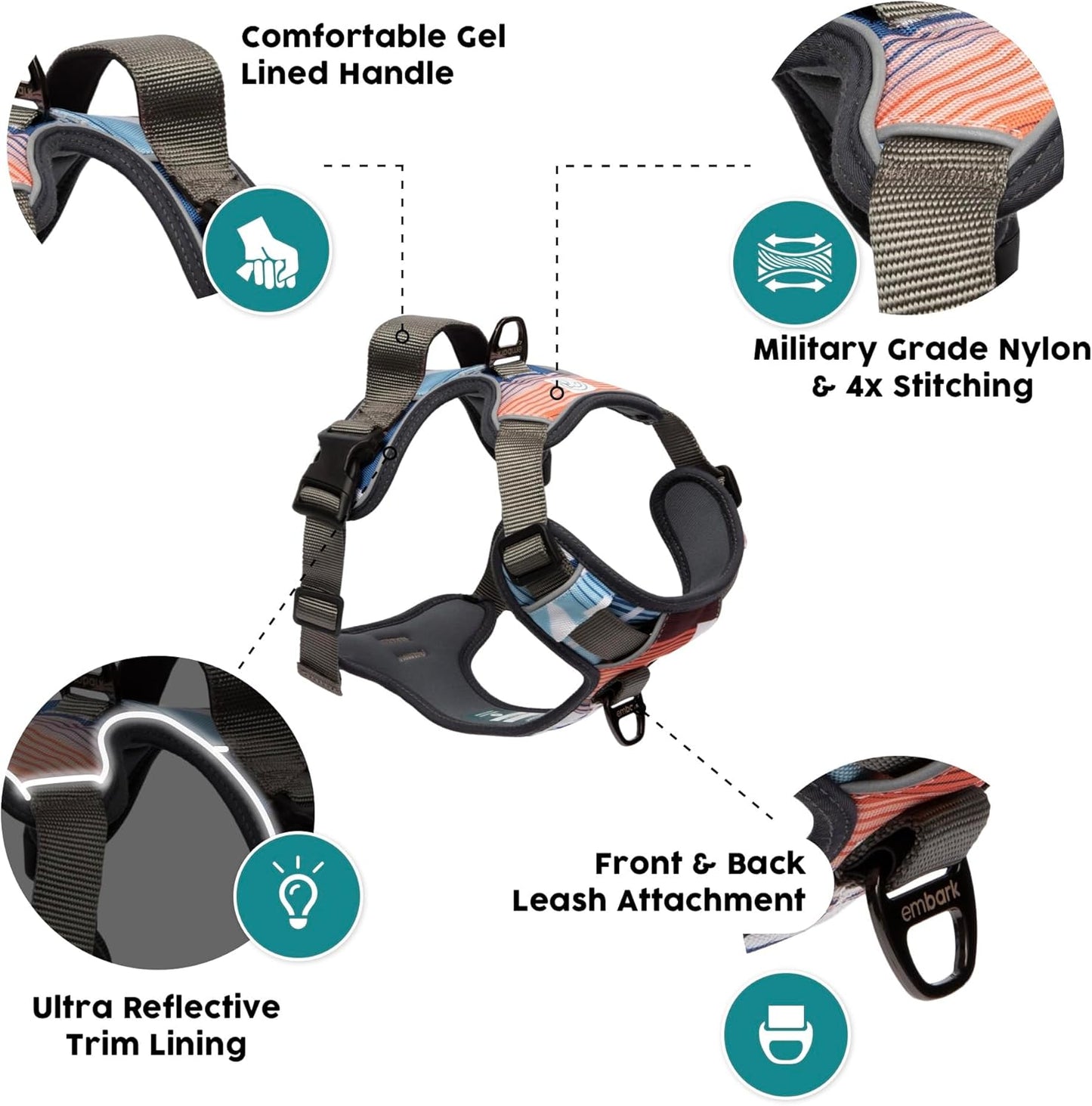 Embark Adventure Dog Harness, Reflective Trim No Pull Dog Harness for Large Dogs - Military Grade Nylon, Front Clip with Gel Lined Handle.