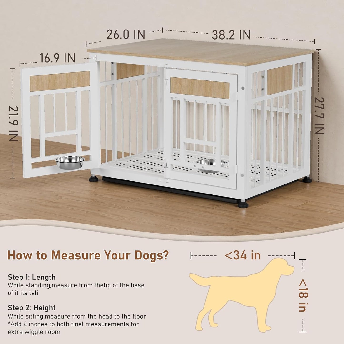 Dog Crate Furniture End Table, 38 Inch Hidden Kennel Cabinet with Removable Tray, Thickened Metal Frame Dog Cage, Dual-Purpose Pet House & Nightstand for Living Room