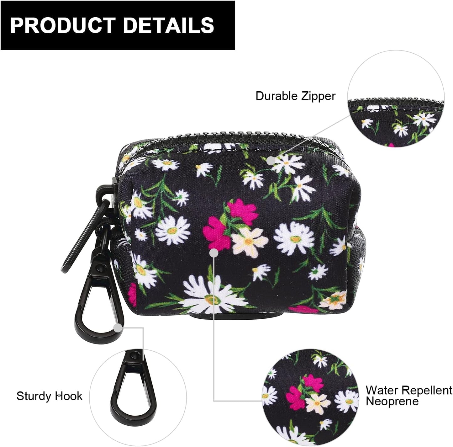 Petmolico Dog Poop Bag Holder Leash Attachment, Dog Waste Bag Dispenser Zippered Pouch, Fits Any Dog Leash, Includes Free Roll of Dog Bags, Poop Bag Dispenser - 2 Packs (White Daisy)