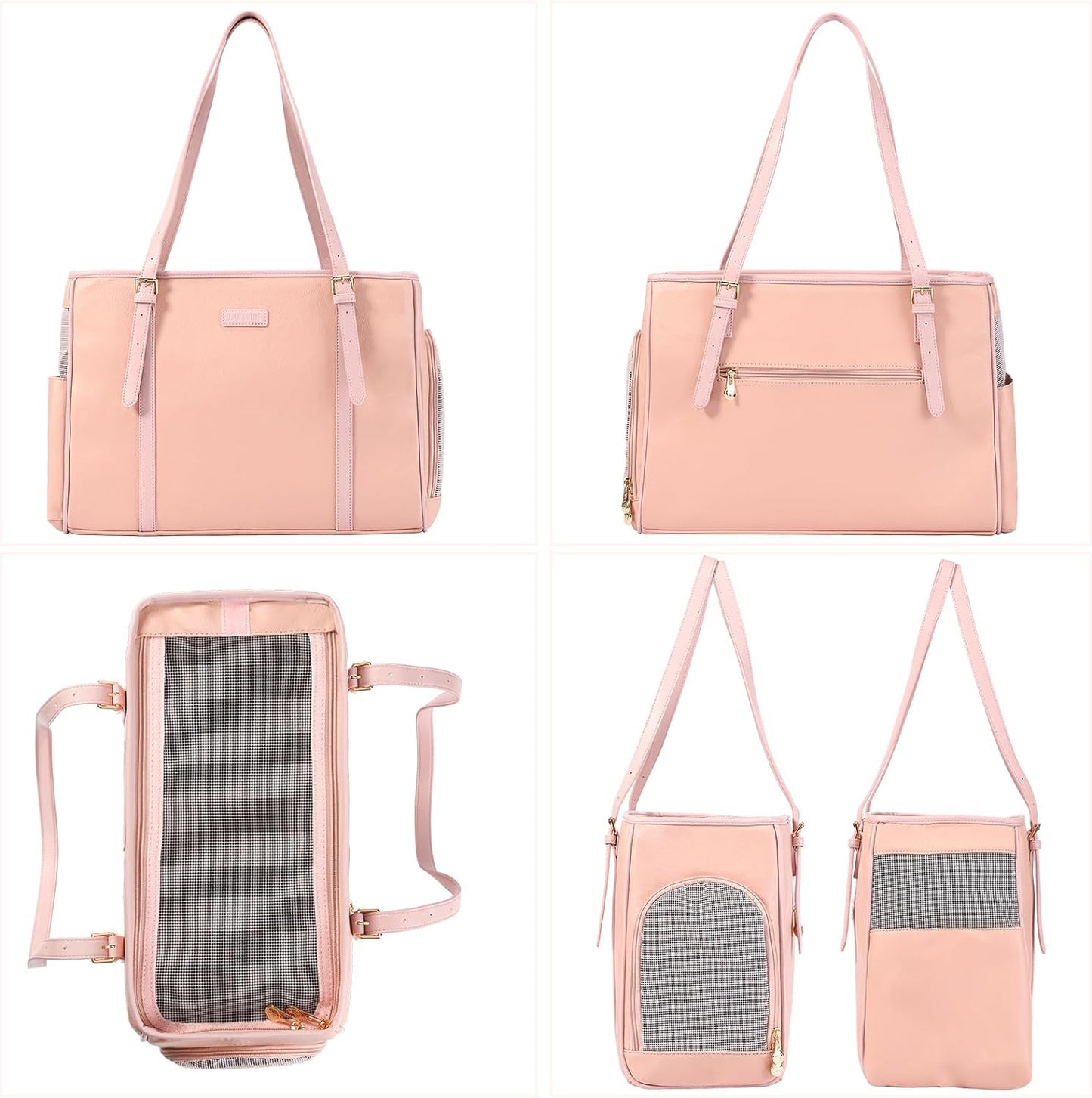 Fashion Dog Purse Pet Carrier Leather Bag for Small Dogs Cats Puppy, Portable Tote Bag Airline Approved Soft-Sided Carriers (Pink)