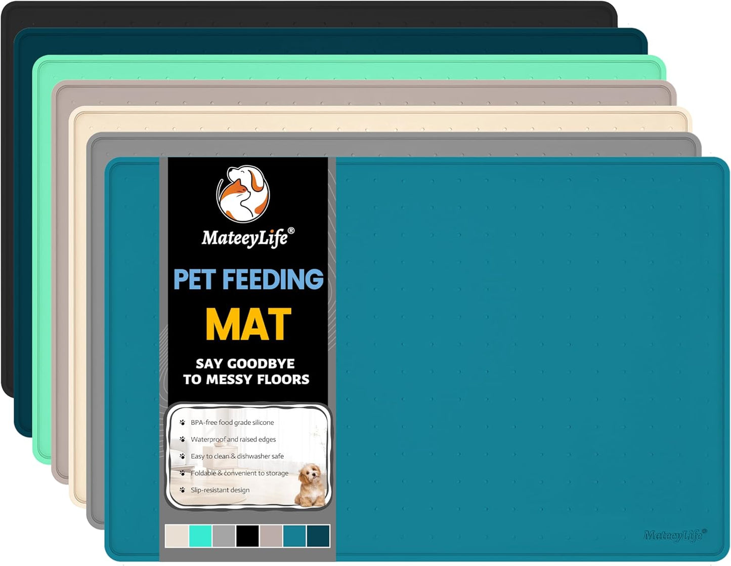 MateeyLife Dog & Cat Food Water Mat for Floors Waterproof, Nonslip Pets Bowl Feeding Mats with Raised Edges, Silicone Matt Tray for Messy Drinkers, 22"x14", Teal