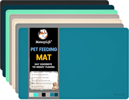MateeyLife Dog & Cat Food Water Mat for Floors Waterproof, Nonslip Pets Bowl Feeding Mats with Raised Edges, Silicone Matt Tray for Messy Drinkers, 22"x14", Teal