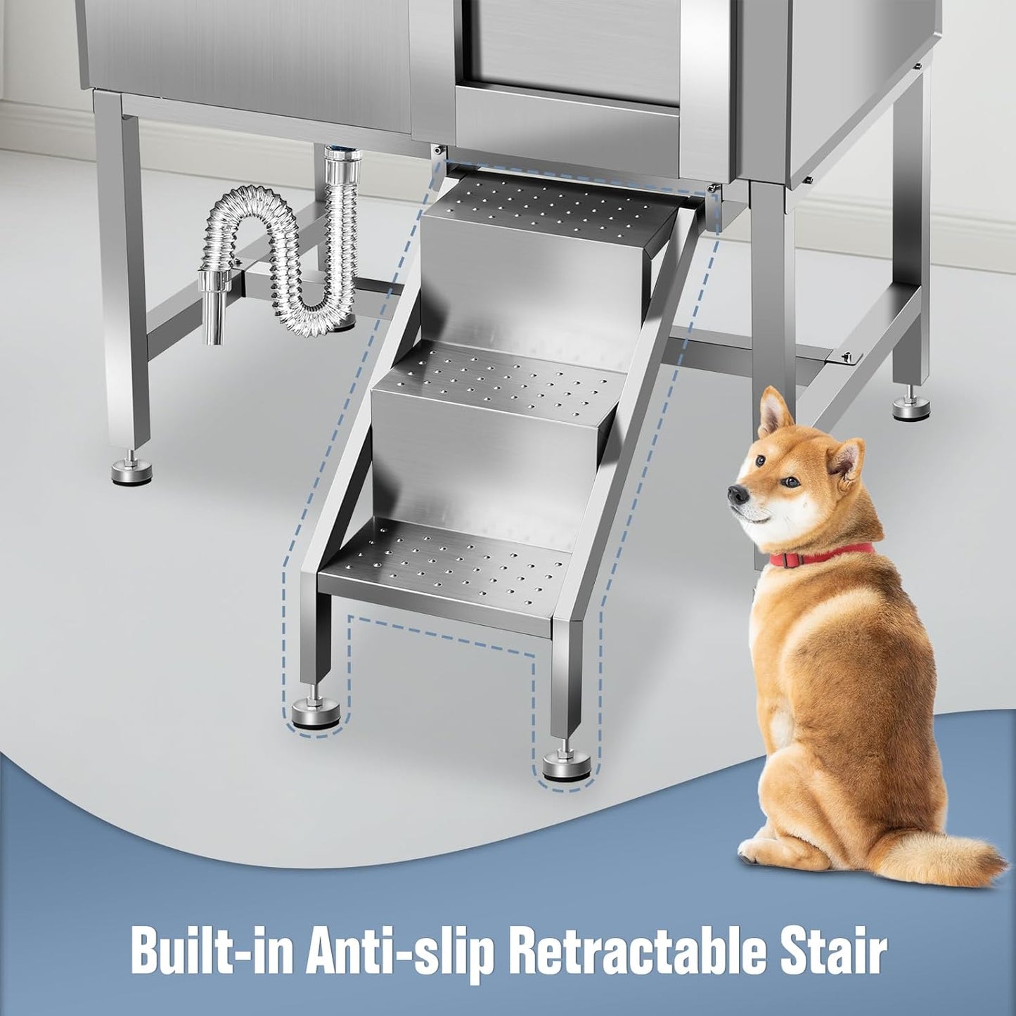 38" Pet Dog Bathing Station W/Ramp, Professional Stainless Steel Dog Grooming Tub W/Floor Grate, Faucet, Dog Bathtub for Large,Medium, Small Pets, Washing Sink for Home,R-RAMP