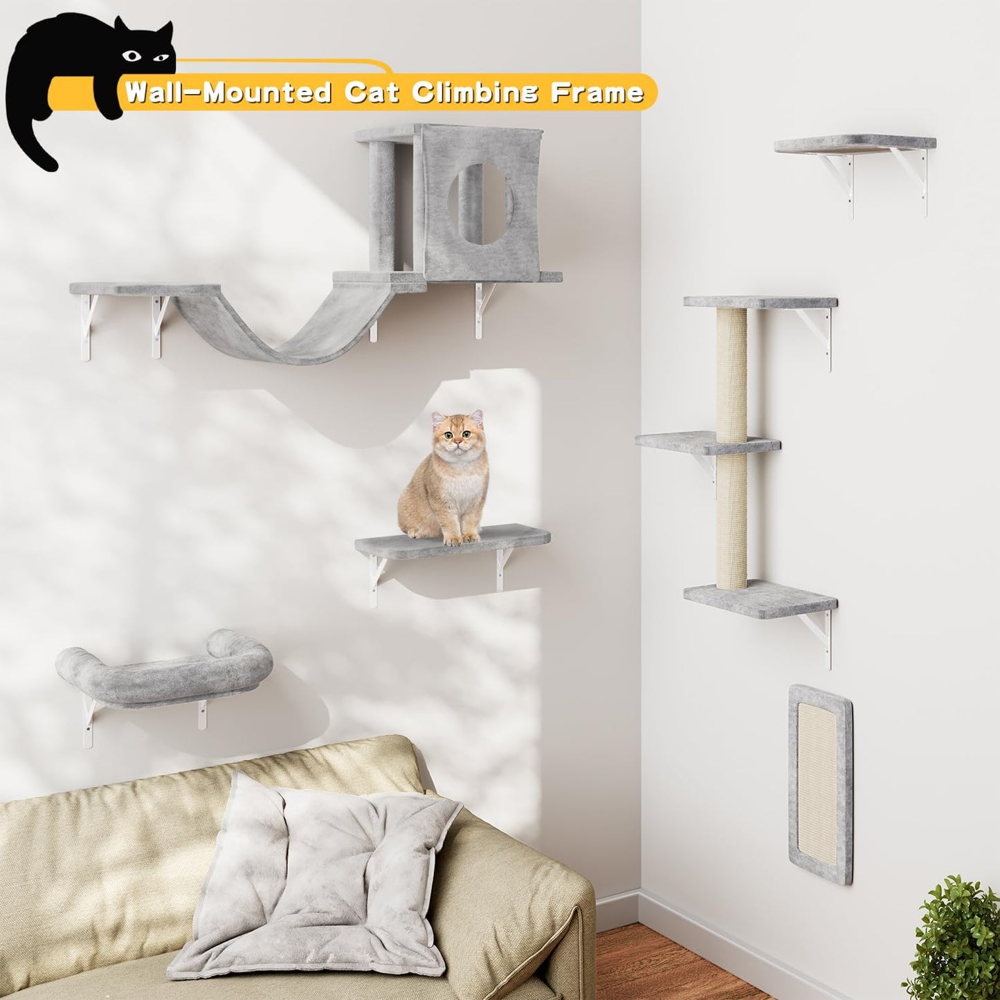 NUNU LAB Cat Wall Shelves, 6 Pcs Luxury Wall-Mounted Cat Climber Set, Indoor Cat Furniture with 1 Condos House, 2 Cat Wall Shelves, 1 Scratching, 1 Bridge Ladder, 1 Scratching Pad, Gray