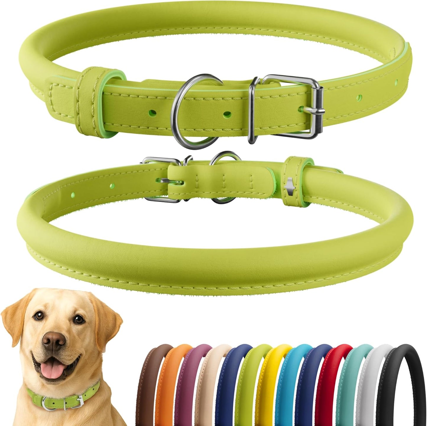 CollarDirect Rolled Leather Dog Collar, Soft Padded Round Puppy Collar, Handmade Genuine Leather Collar Dog Small Large Cat Collars 13 Colors (15-19 Inch, Lime Green Smooth)