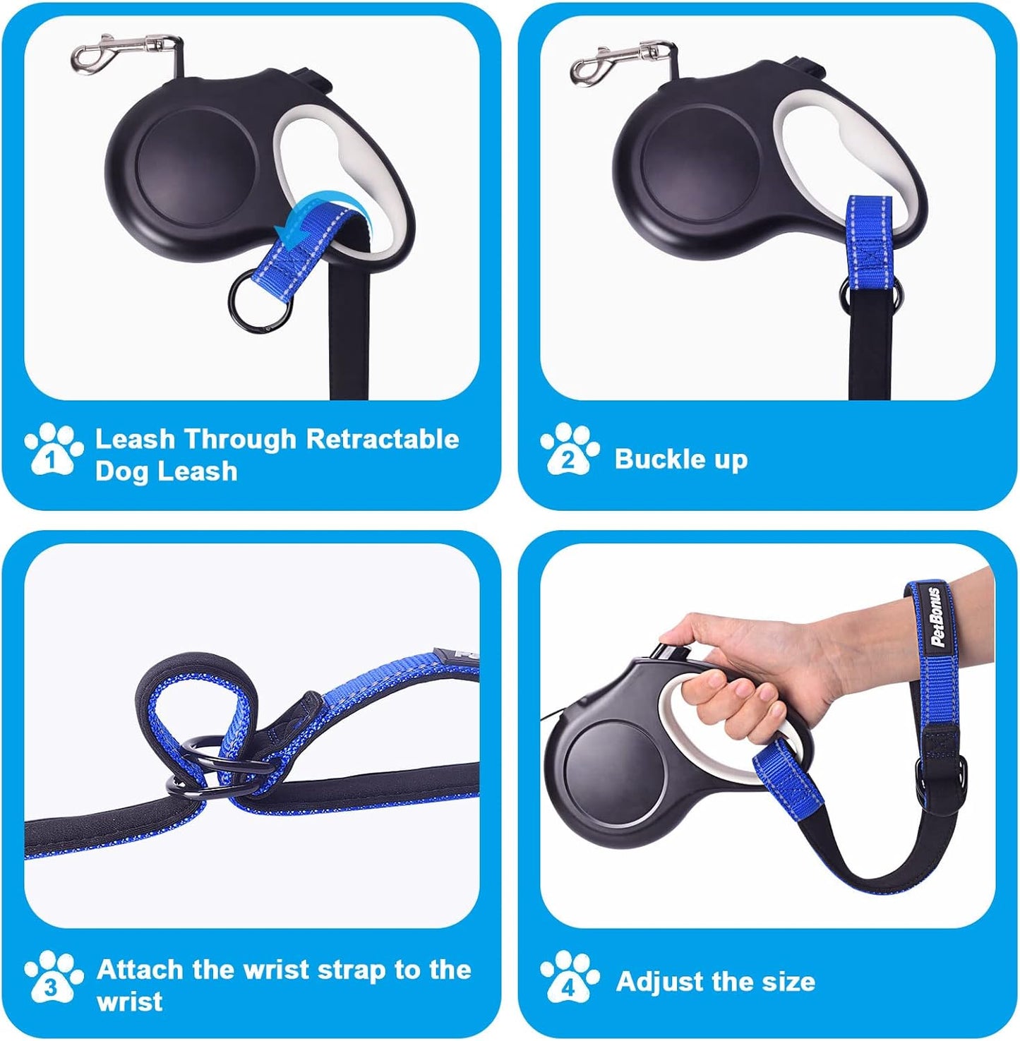 PetBonus Short Dog Leash, Safety Wrist Strap for Retractable Dog Leash, Reflective Design and Adjustable Soft Padded Handle, Extra Layer Security for Pet Stroller (Blue) 1 Pack