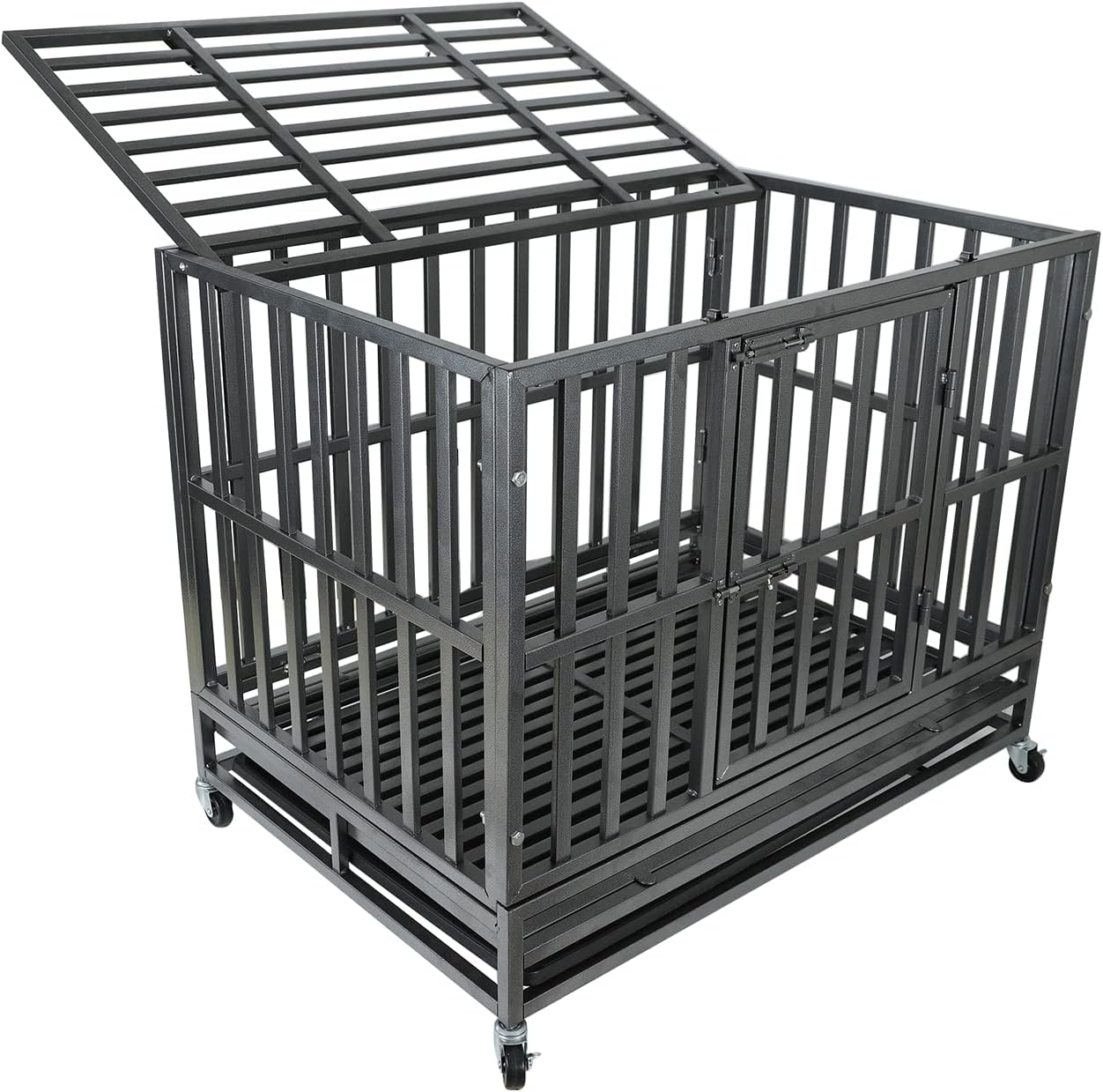 Confote 47Inch Heavy Duty Dog Kennel Strong Metal Dog Cage Pet Crate for Medium and Large Dogs with Four Lockable Wheels, Removeable Tray