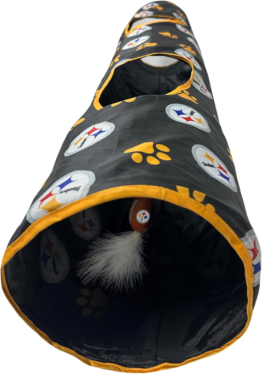 NFL Pittsburgh Steelers Cat Tunnel Tube Toy with Plush Football Catnip and Feathers Collapsible Tunnel for Cats to Play, Peek and Hide, Sporty & Fun Cat Tunnel Toy with Team Logo All-Over Design!