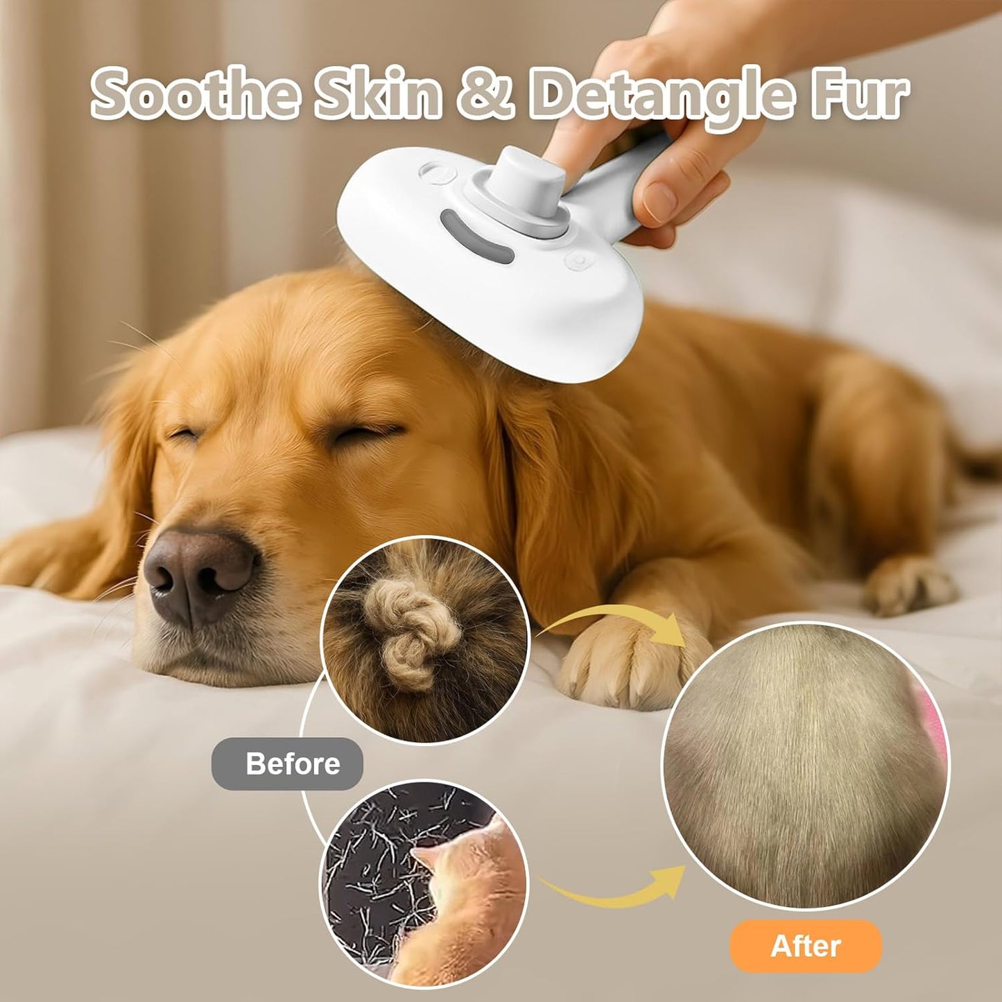 ‌3-in-1 Pet Steam Brush with Self-Cleaning & Cool Mist‌ – Portable Grooming Tool for Cats & Dogs, Long-Lasting Shedding Control & Detangling, Refillable Water Tank & Fast Charging