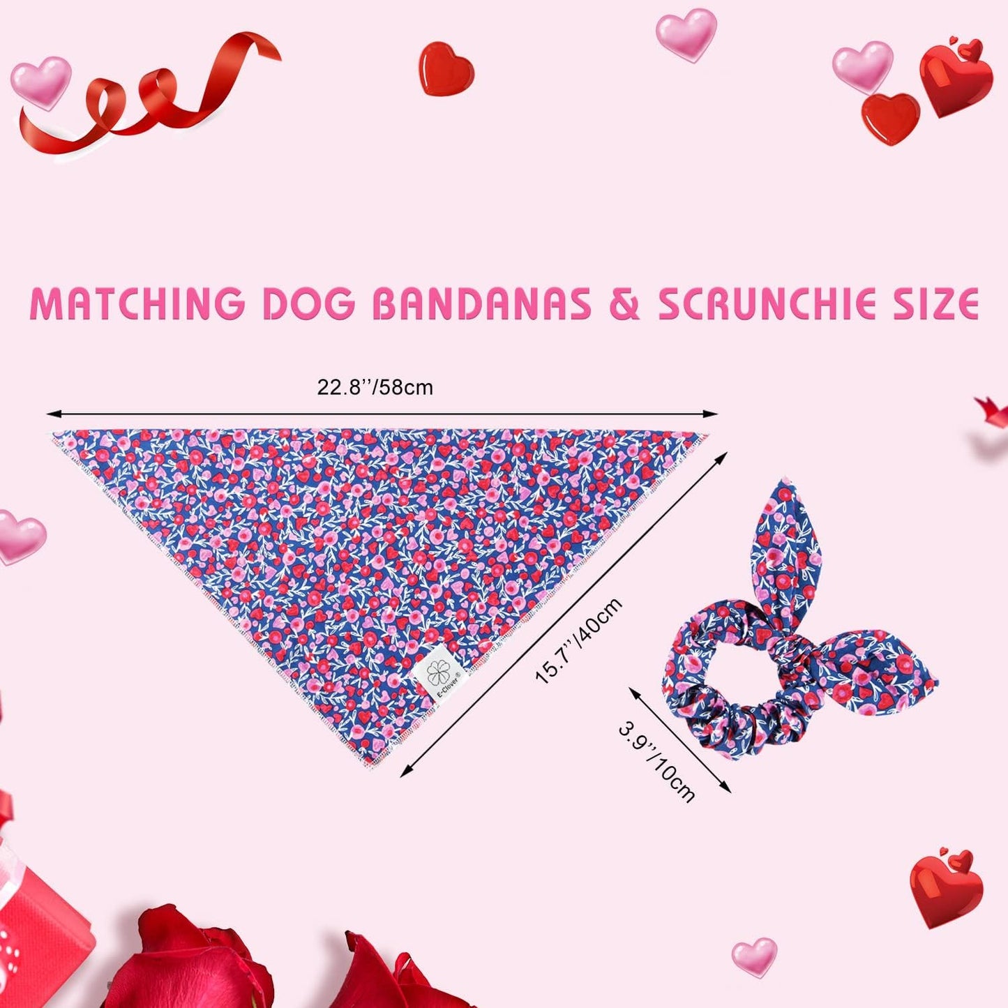 E-Clover Cute Girl Dog Bandanas & Matching Scrunchie Set Heart Dog Bandana Scarf with Bow Hair Ties for Small Puppy Dogs Pet Owner Mom Gifts Pink Floral