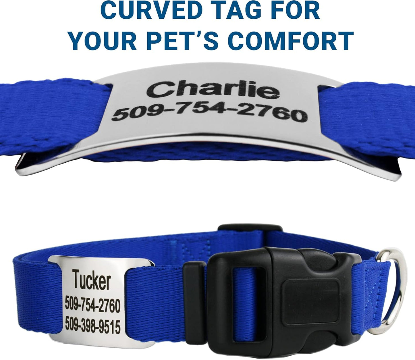 GoTags Personalized Dog Collar with Nameplate, Adjustable Dog Collar with Custom Engraved Slide On Pet ID Tag in Stainless Steel, Silent, No Noise Dog Tag for Large Medium and Small (Blue, Medium)