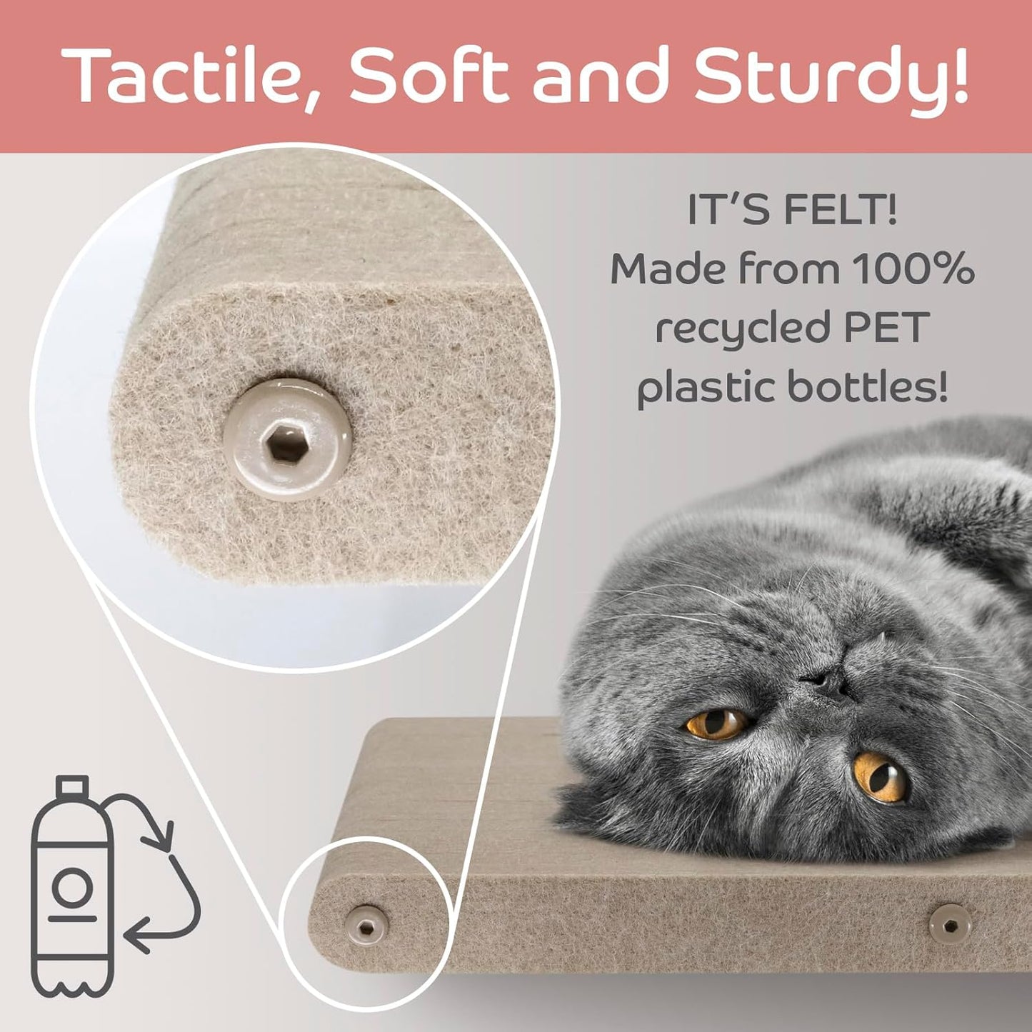 Wall Mounted Cat Steps Short Shelves (2) by Pryde Pets - Stairs for Walkways, 100% Sustainable PET Felt Feline Enrichment Climber Furniture for Indoor Cats, Modern Climbing Gym Design (Oatmeal)